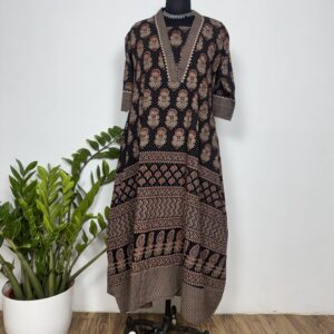 Black ajarakh cotton analrkali kurti with V neck