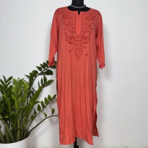 Peach orange mul cotton Chikankari Kurti