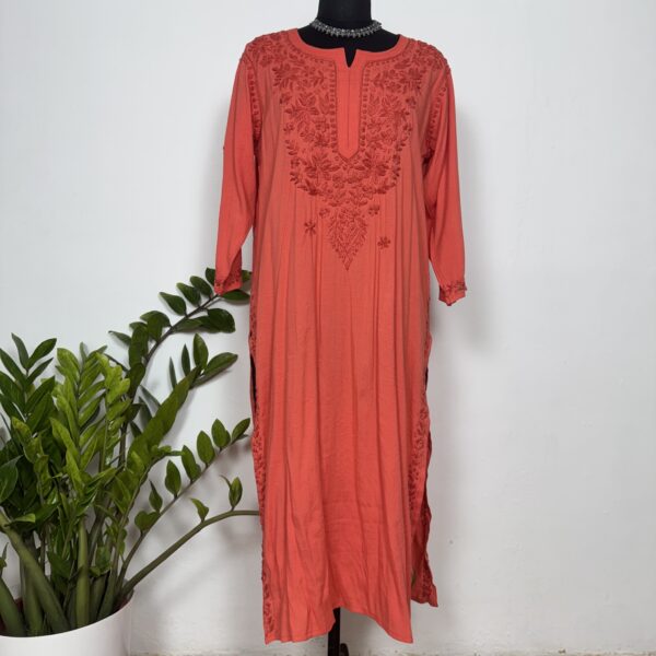 Peach orange mul cotton Chikankari Kurti