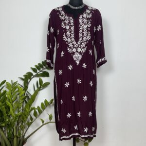 Burgundy wine colour mul cotton Chikankari kurti