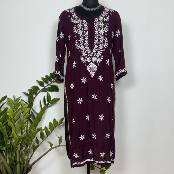 Burgundy wine colour mul cotton Chikankari kurti