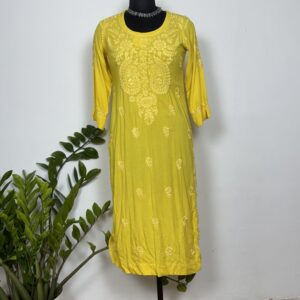 Pineapple yellow colour mul cotton Chikankari kurti