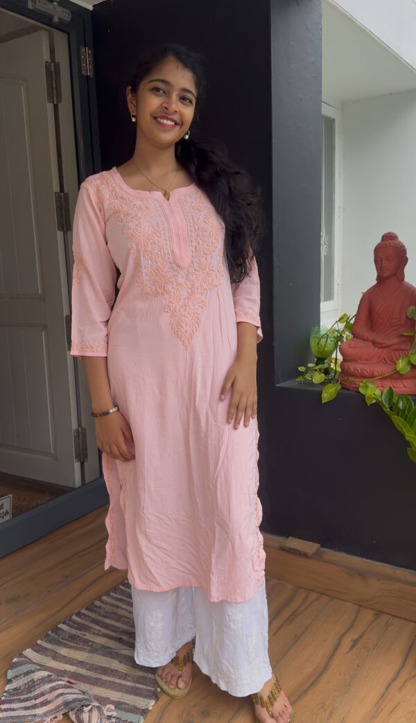Peach colour mul cotton chikankari Kurti