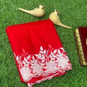 Red Semi tissue saree with white applique work