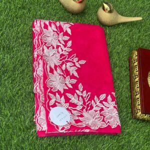 Pink Semi tissue saree with white applique work
