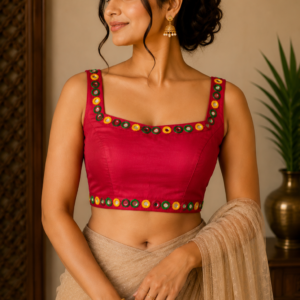 Red blouse with glass work on the neck