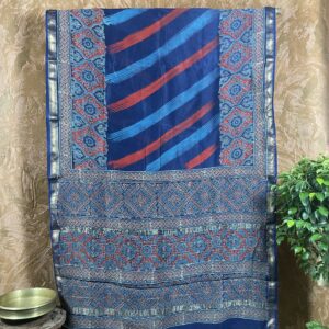 Blue Geometrical block print Maheswari silk saree