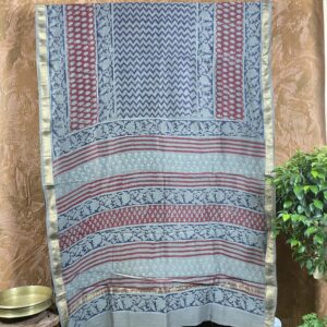Grey and red Maheswari silk saree in block print