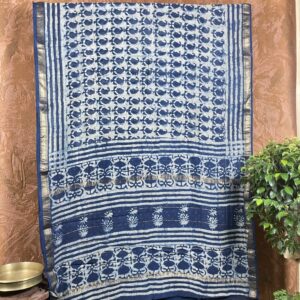 Indigo hand block maheshwari silk saree
