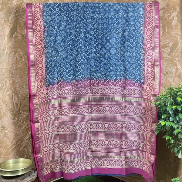 Blue Maheswari silk saree with pink border and pallu