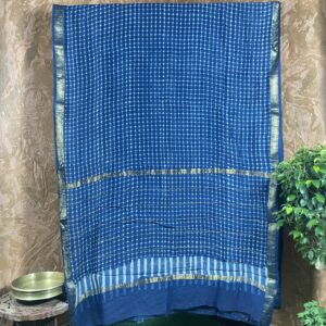 Indigo handblock print Maheswari silk saree