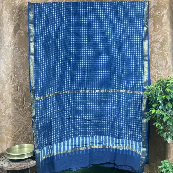 Indigo handblock print Maheswari silk saree
