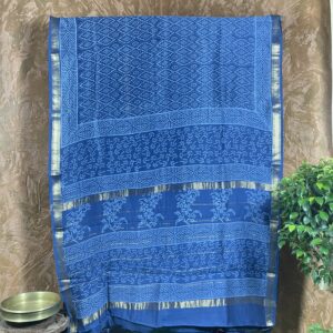 Bluish Indigo handblock print Maheswari silk saree