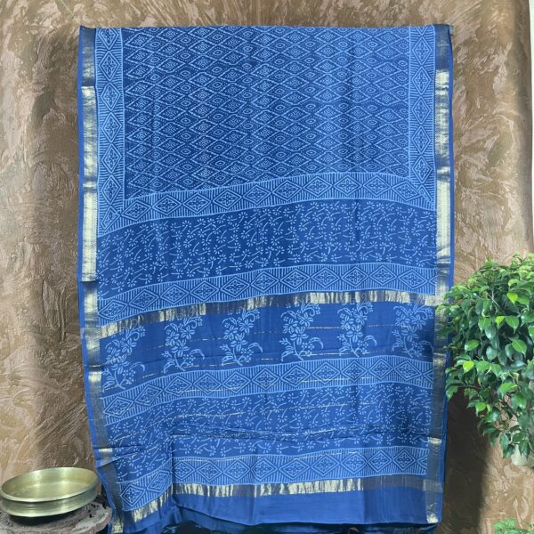 Bluish Indigo handblock print Maheswari silk saree