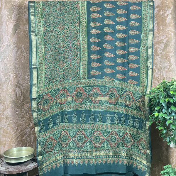 Green handblock print Maheswari silk saree