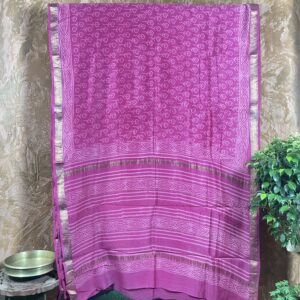 Pink handblock print Maheswari silk saree