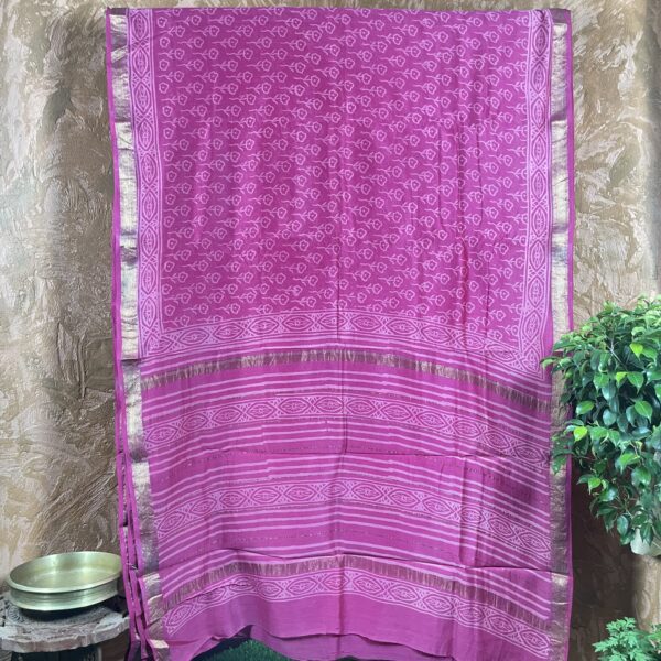 Pink handblock print Maheswari silk saree