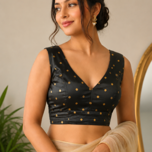 Black sleeveless blouse with golden bhooti and deep V neck
