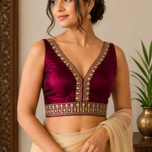 Wine coloue jimmychoo material blouse with golden embroidery on front and back neck(with sleeves)