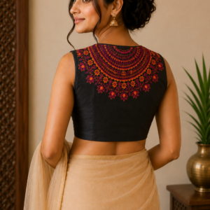 Black sleeveless blouse with embroidery on the back neck
