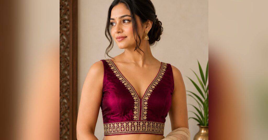 Model in a wine velvet blouse with gold border embroidery styled as an aari work blouse for silk sarees