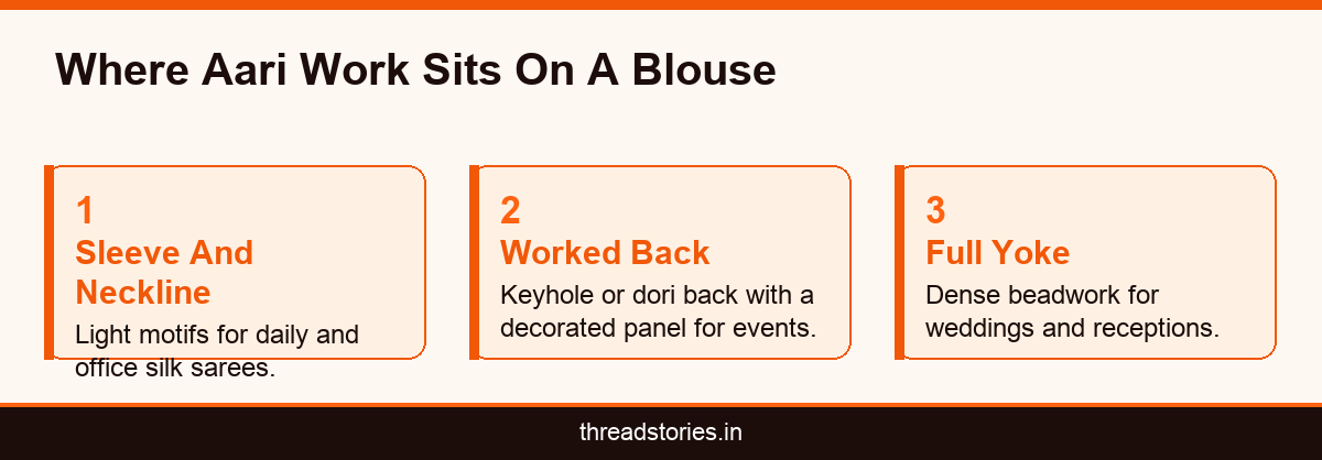 Infographic showing aari work blouse design placements from sleeve to full yoke