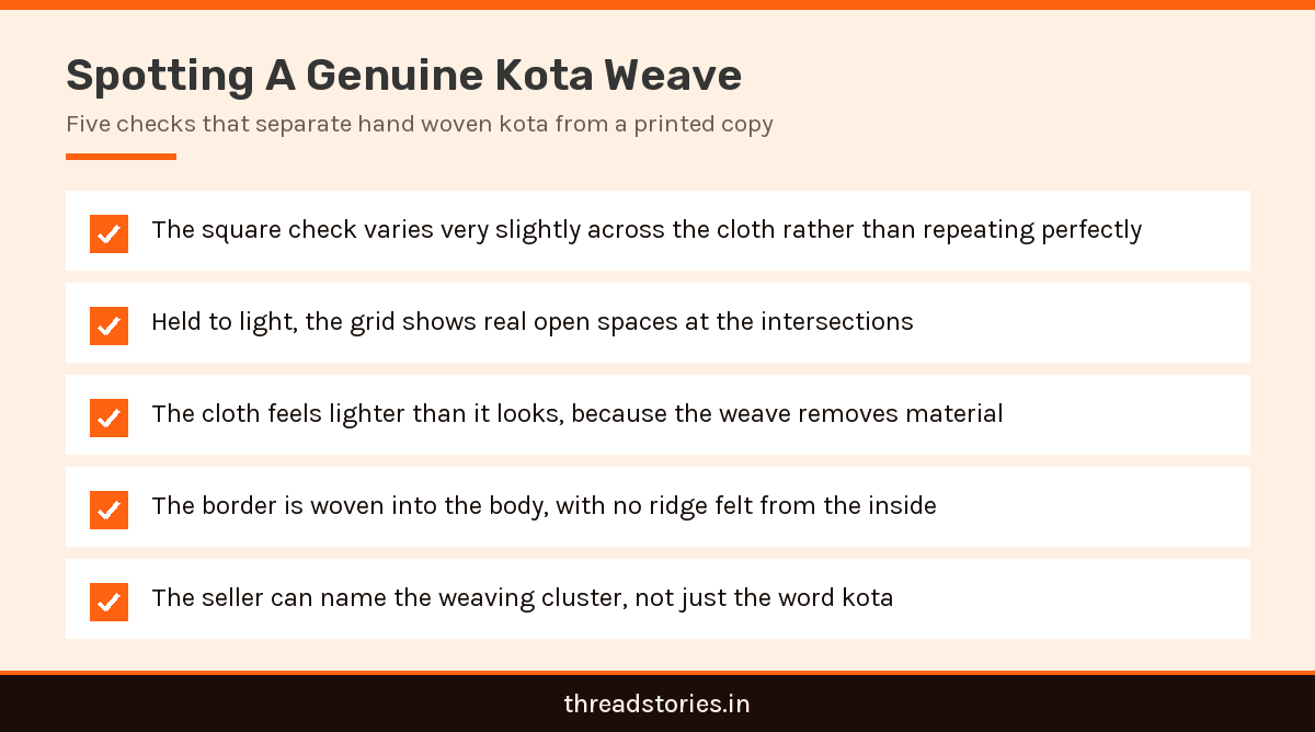 Checklist infographic showing how to identify a genuine hand woven kota doria saree